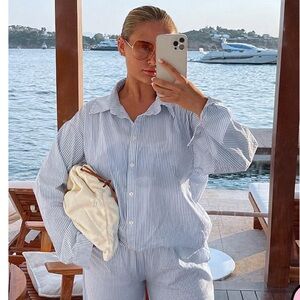 Pretty little thing blue striped button up top